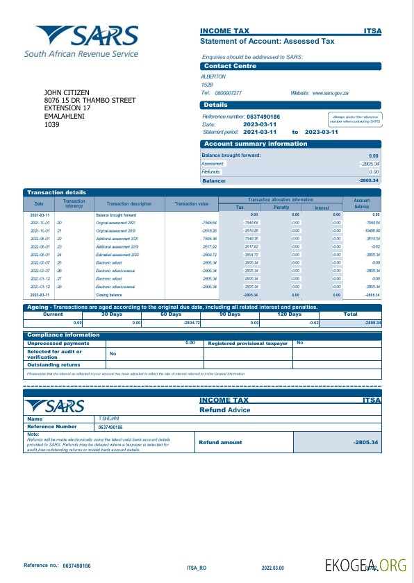 Modèle Word et PDF de relevé bancaire du SRAS aux États Unis, 2 pages